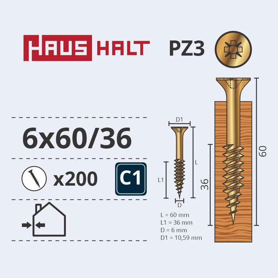 WOOD SCREW 6.0X60/36 YELLOW ZN (200)