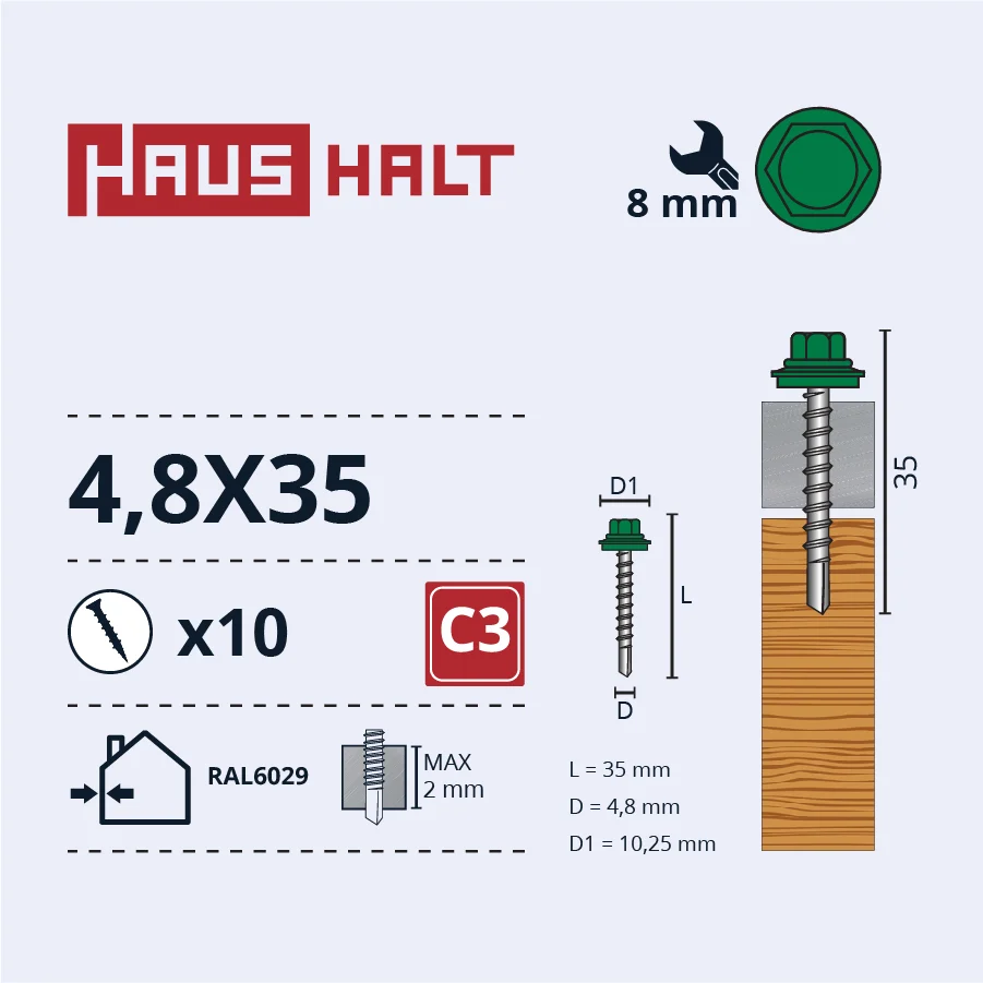 ВИНТ.Саморез 4,8X35 ДЕРЕВЯННАЯ+EPMD RAL6029 10ШТ БЛ