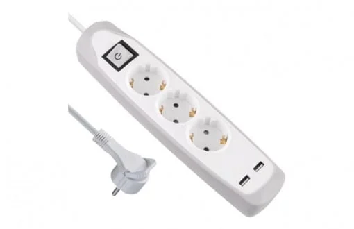 PAGARINĀTĀJS 3P+2USB 2M BALTA/PELEKA