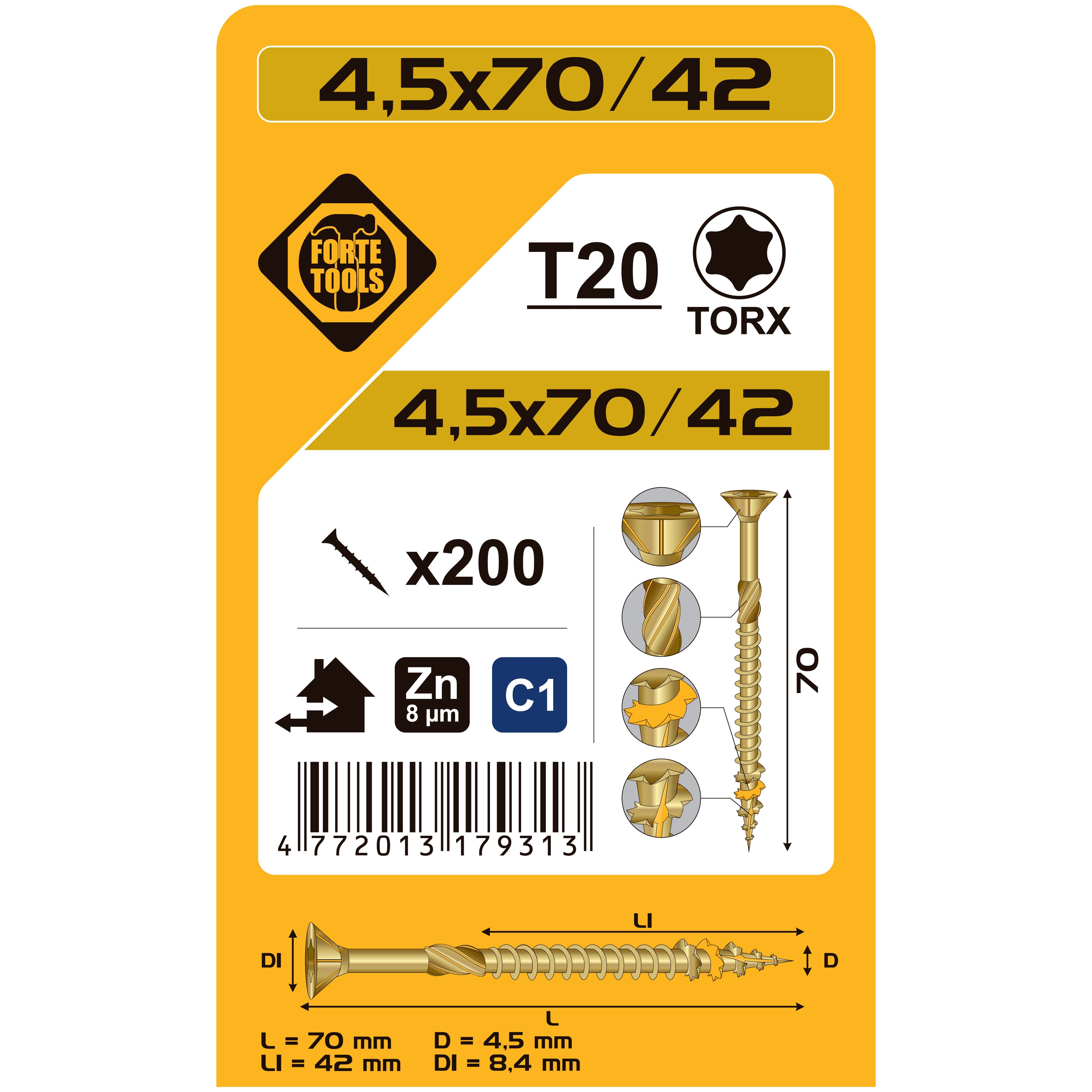 WOOD SCREW T20 4.5X70/42 GAL ZN 200GB