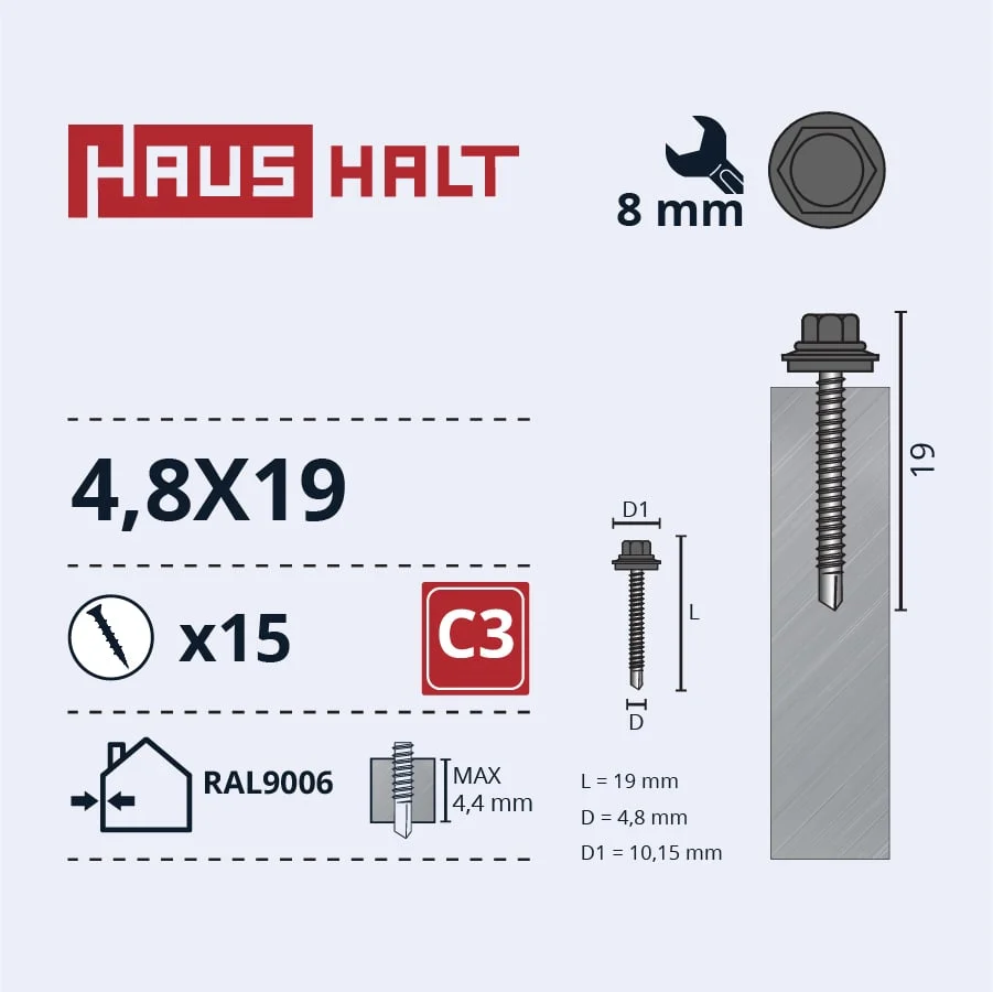 SCREW.SELF 4.8X19 MET+EPDM RAL9006 15PCS BL
