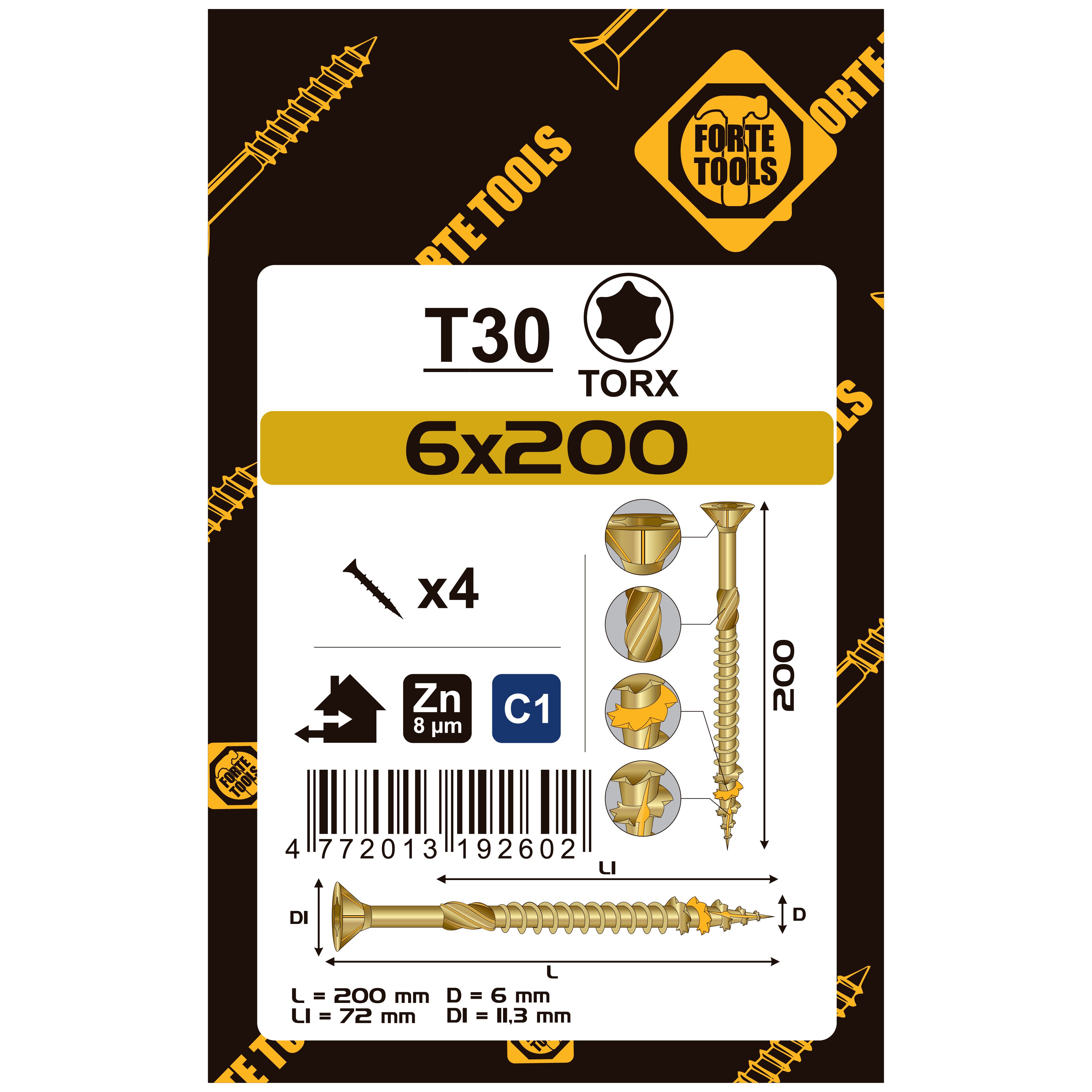 SKRŪVE KOKAM SCR T30 6.0X200/72 YELL ZN4
