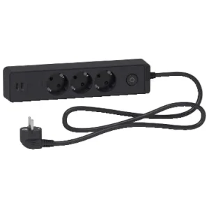 PAGARINĀTĀJS 3-VIET. 1.5M AR 2USB MELNS