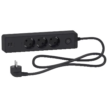 PAGARINĀTĀJS 3-VIET. 1.5M AR 2USB MELNS