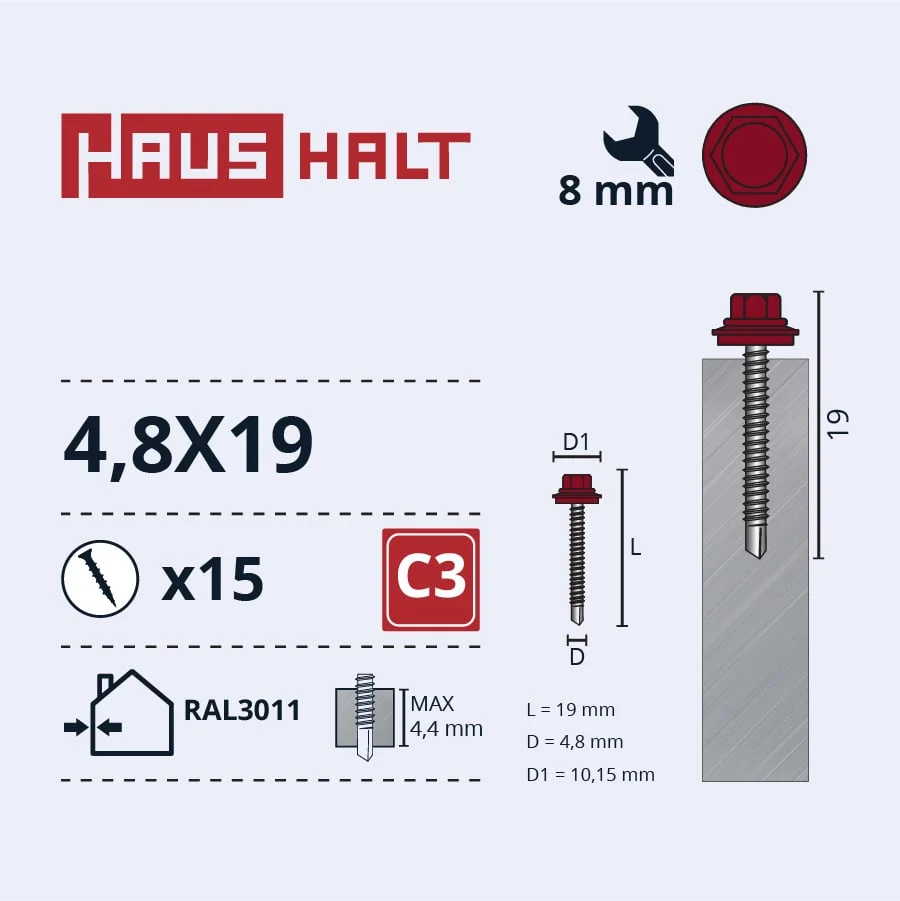 SCREW.SELF 4.8X19 MET+EPDM RAL3011 15PCS BL