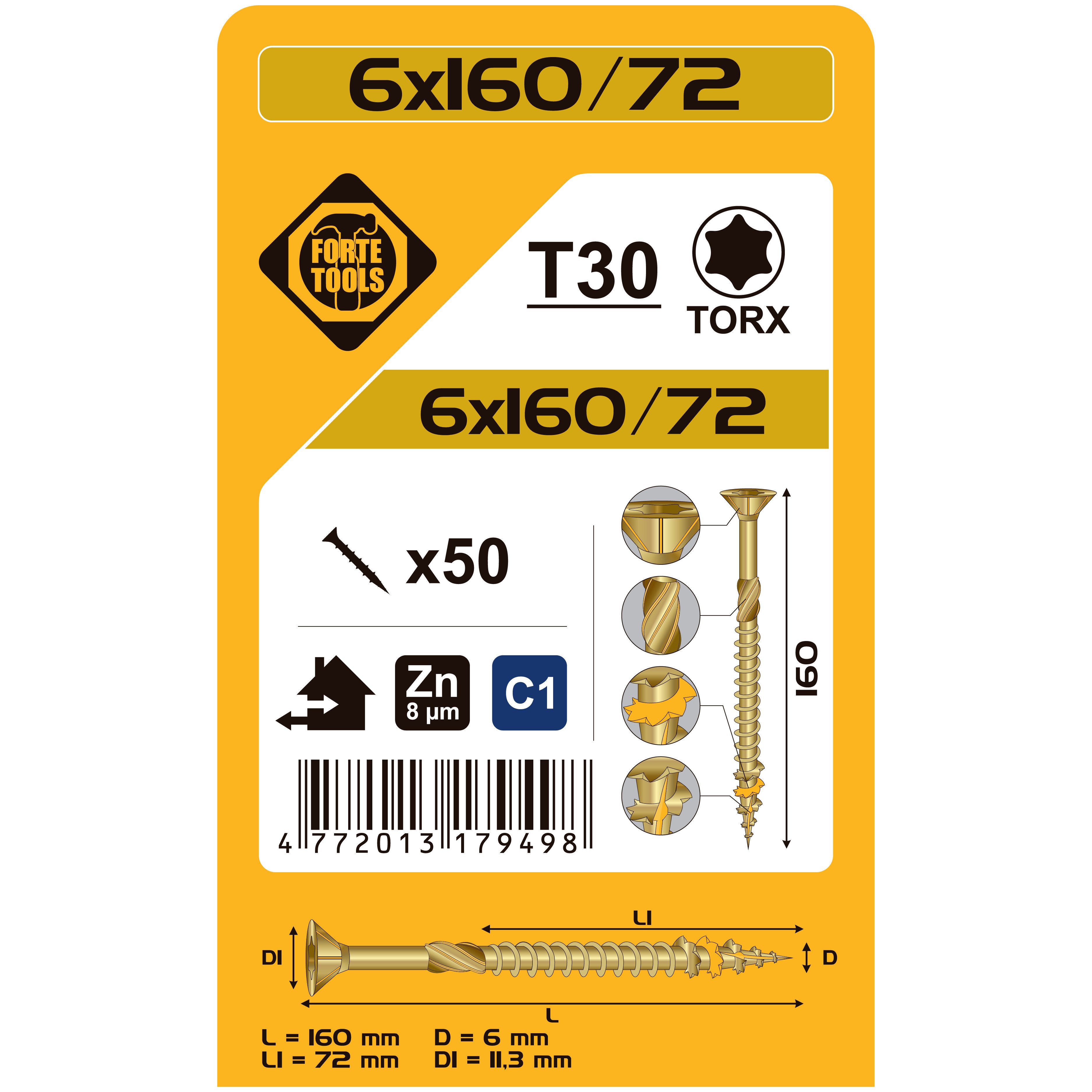 ВИНТ ДЛЯ ДЕРЕВА SCR T30 6.0X160/72 YELLZN50