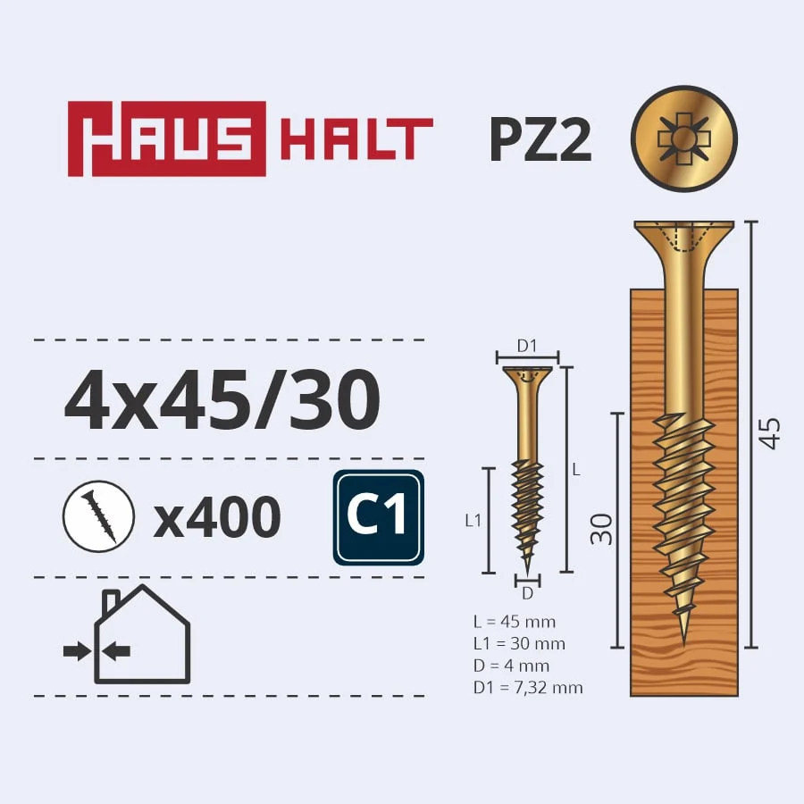 WOOD SCREW 4.0X45/30 YELLOW ZN (400)