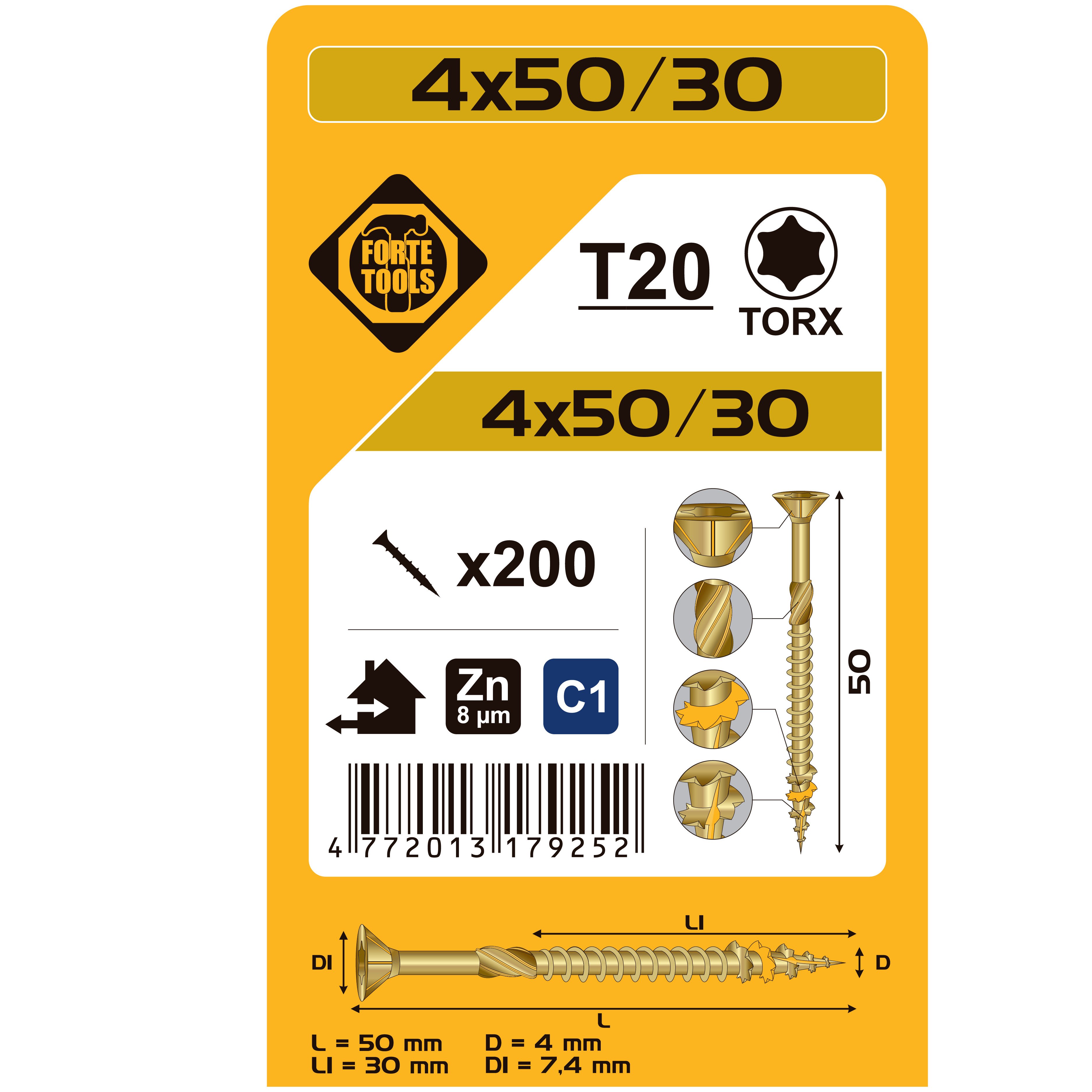 WOOD SCREW T20 4.0X50/30 DZEL ZN 200GB