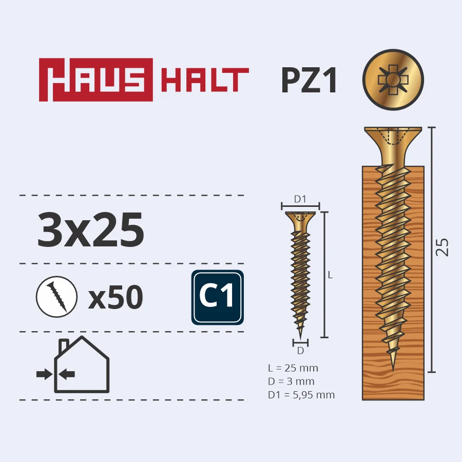 WOOD SCREW 3.0X25 YLW ZP 50PCS G1