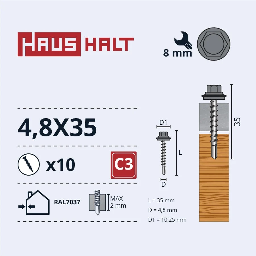 ВИНТ.ПАШ4,8X35ДЕРЕВЯН.+EPMD RAL7037 10ШТ БЛ