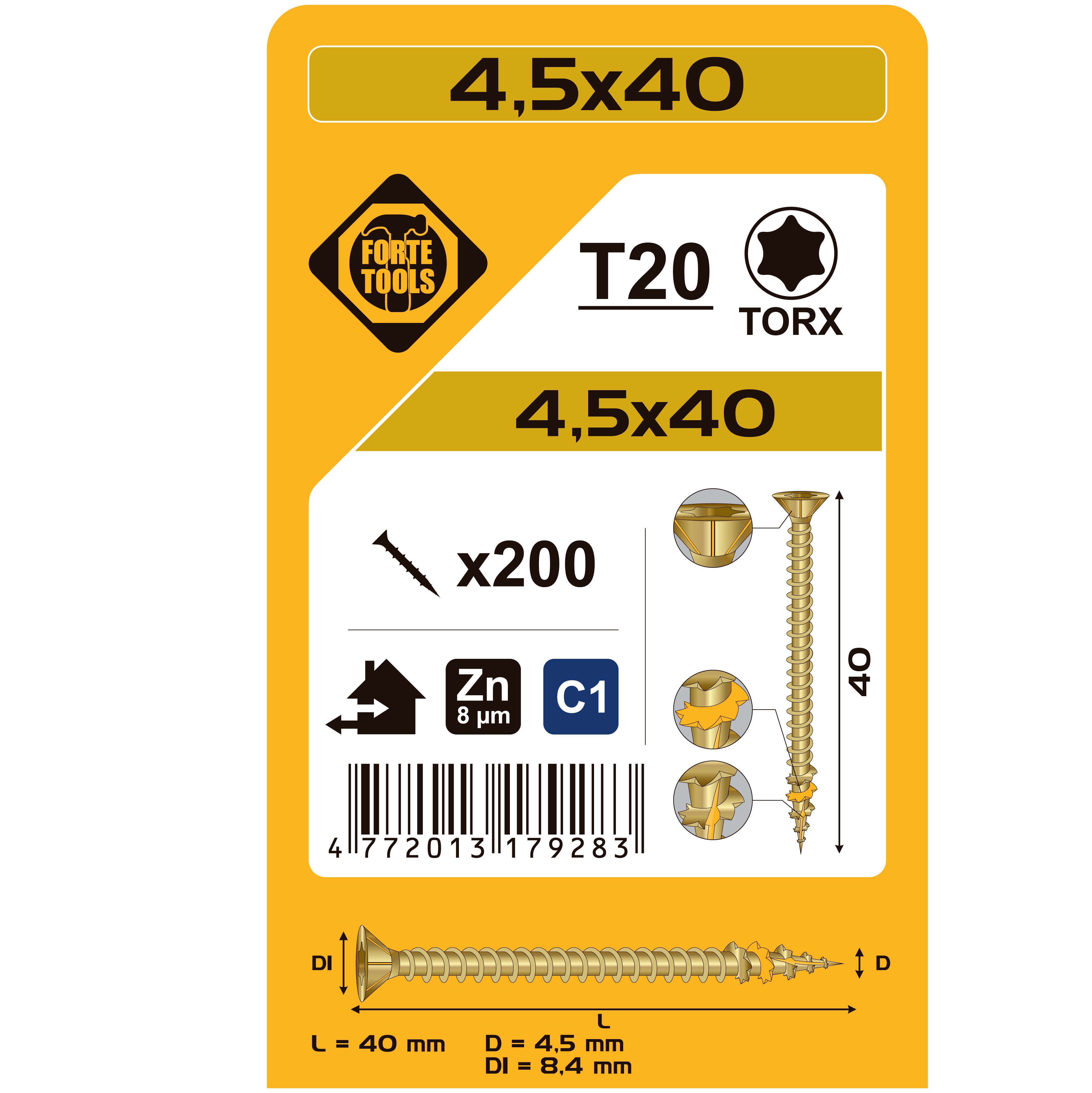 ДЕРЕВЯННЫЙ ВИНТ T20 4.5X40 DZEL ZN 200GB