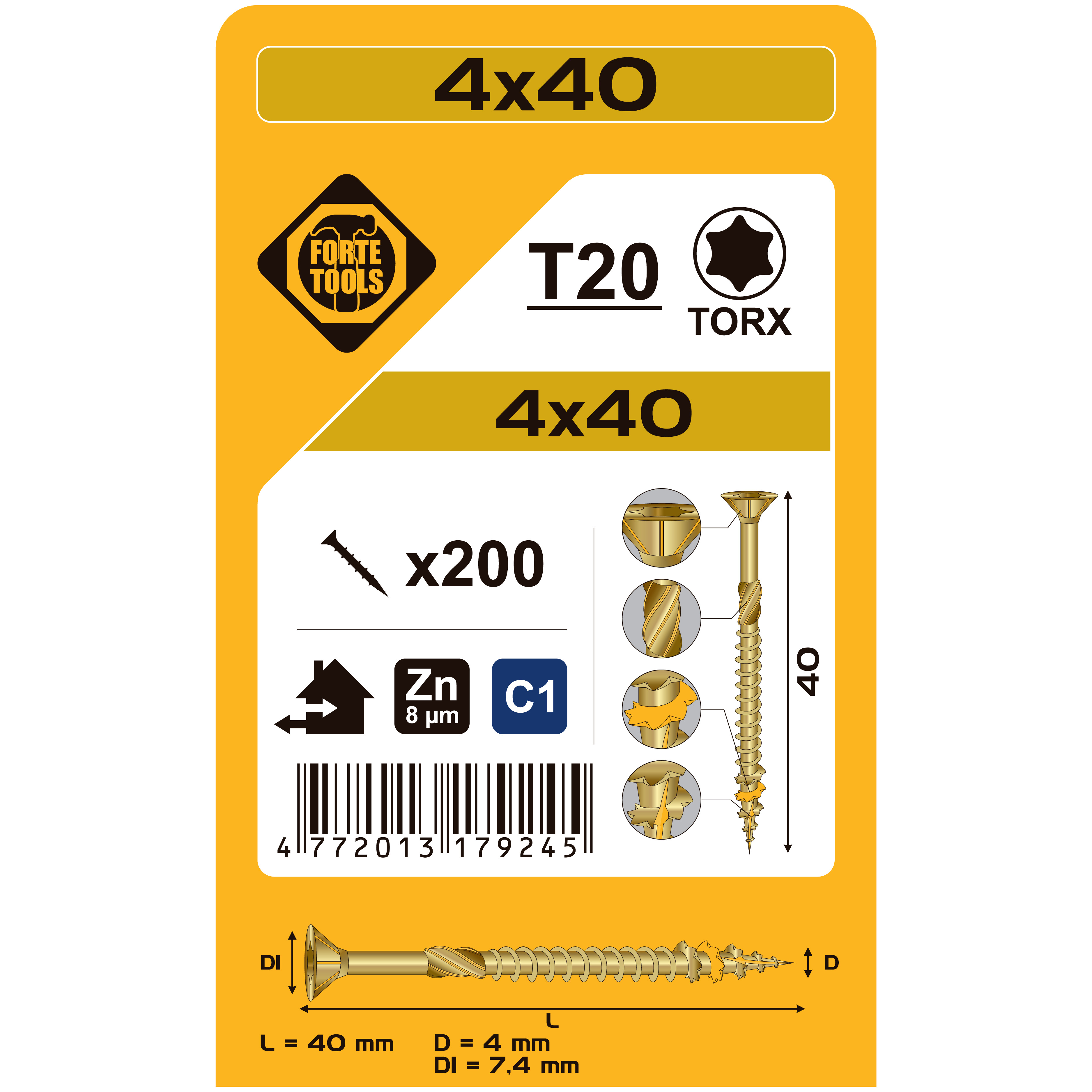 KOKA SKRŪVE T20 4.0X40 DZEL ZN 200GB