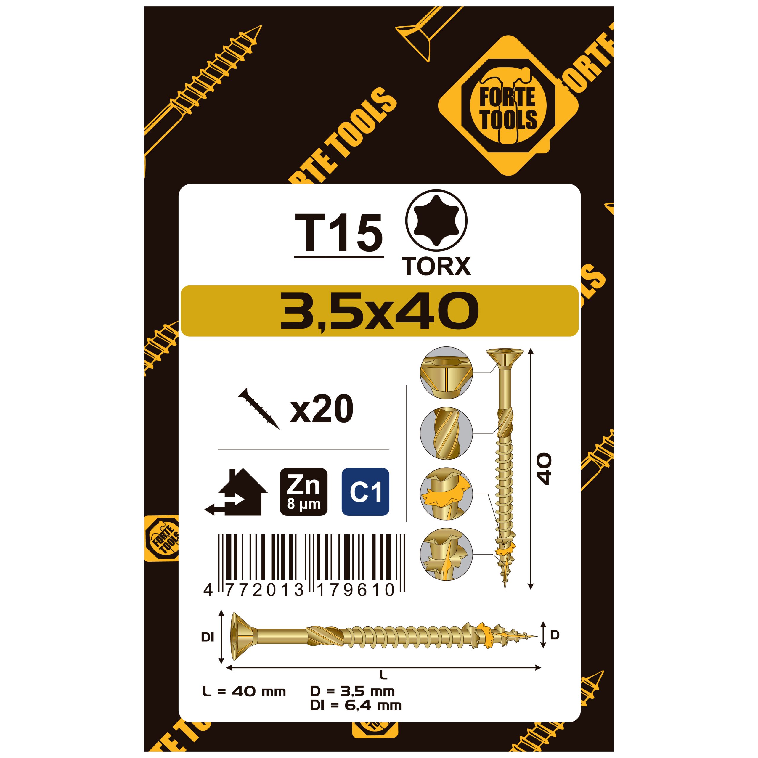 SCREW FOR WOOD SCR T15 3.5X40 YELL ZN20PCS