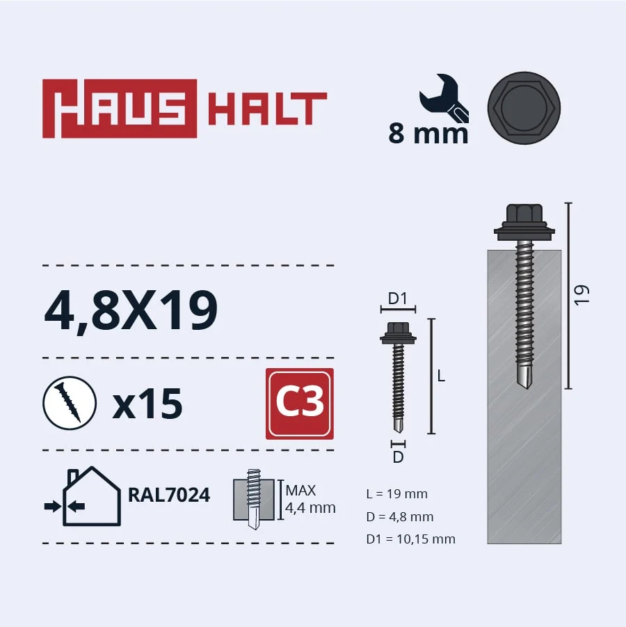 SCREW.SELF-DRILLING 4.8X19 MET+EPDM RAL7024 15PCS BL