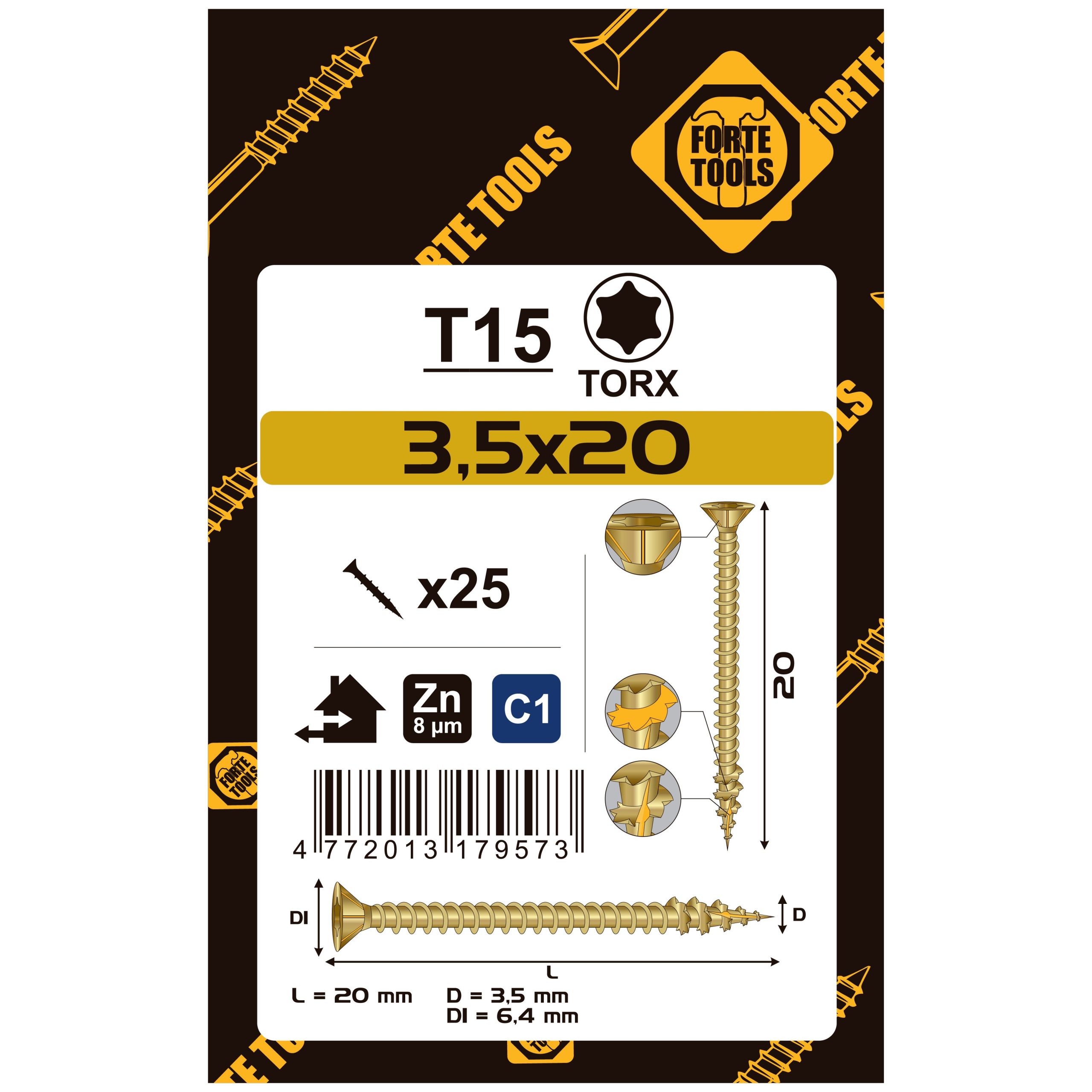 SCREW FOR WOOD SCR T15 3.5X20 YELL ZN25PCS