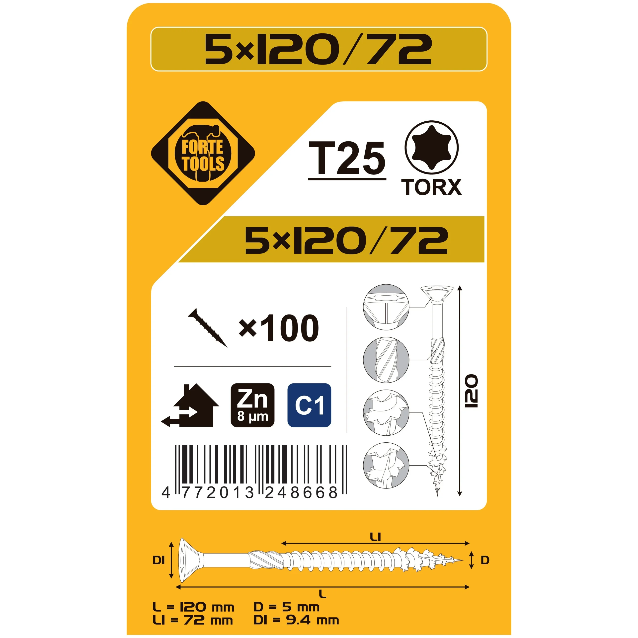 KOKA SKRŪVES 5X120/72 MM ZN TX25 100GAB.