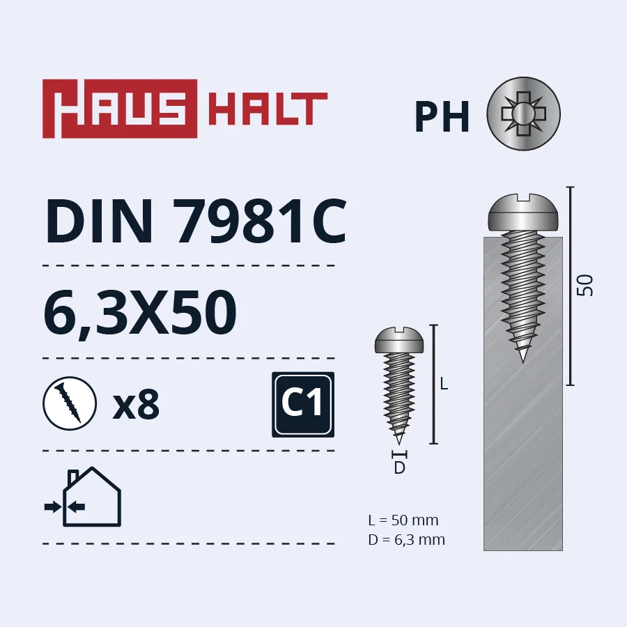 SELF-TAPPING SCREW 6.3X50 DIN7981C ZN 8PCS BL