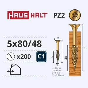 WOOD SCREW 5.0X80/48 YELLOW ZN (200)