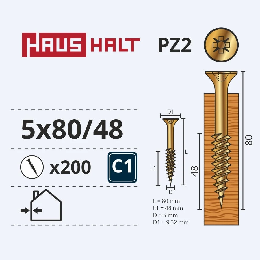 WOOD SCREW 5.0X80/48 YELLOW ZN (200)
