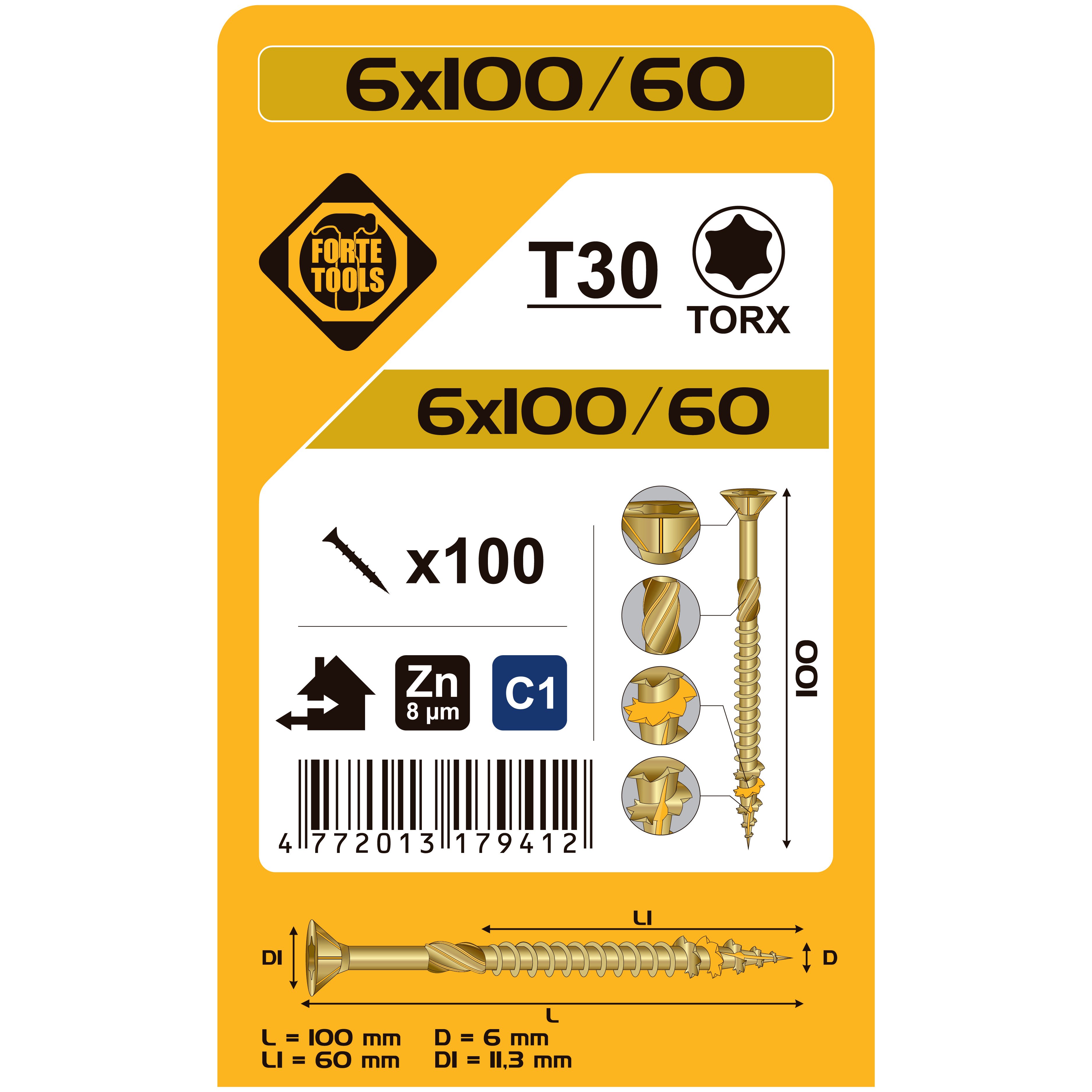 ДЕРЕВЯННЫЙ ВИНТ T30 6.0X100/60 DZEL ZN 100GB