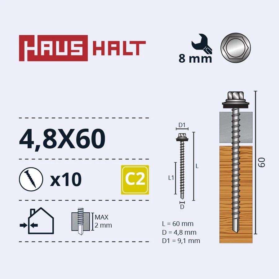 SCREW SELF-TAP 4.8X60 WOOD+EPDM ZN 10PC BL