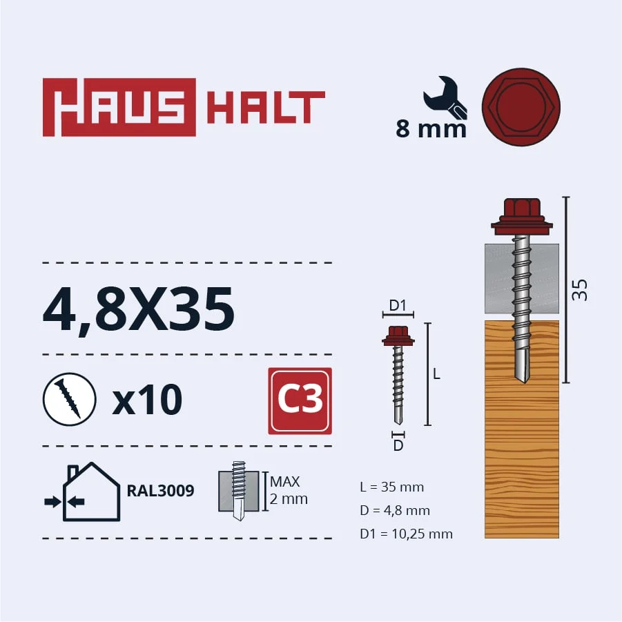 SCREW.SELF4.8X35WOOD+EPMD RAL3009 10PCS BL