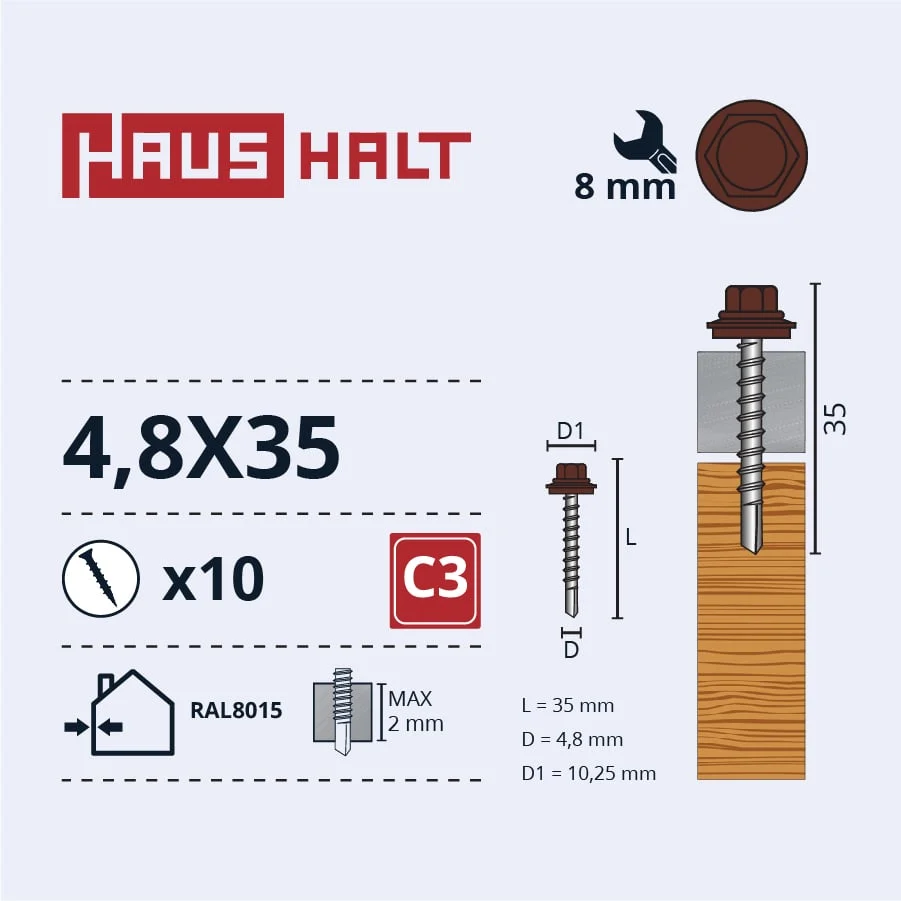 SCREW SELF 4.8X35 WOOD + EPMD RAL8015 10PC BL