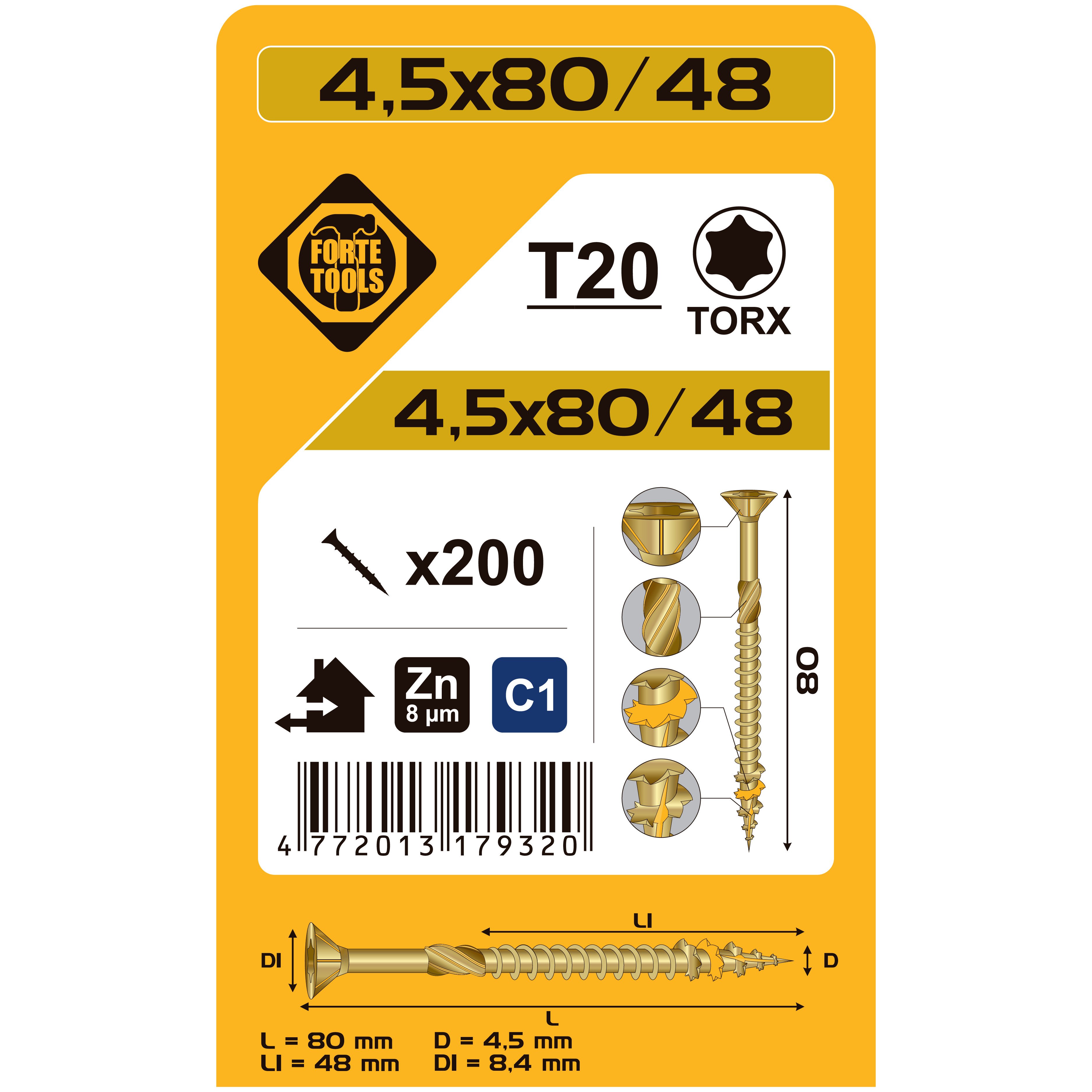 ДЕРЕВЯННЫЙ ВИНТ T20 4.5X80/48 DZEL ZN 200GB