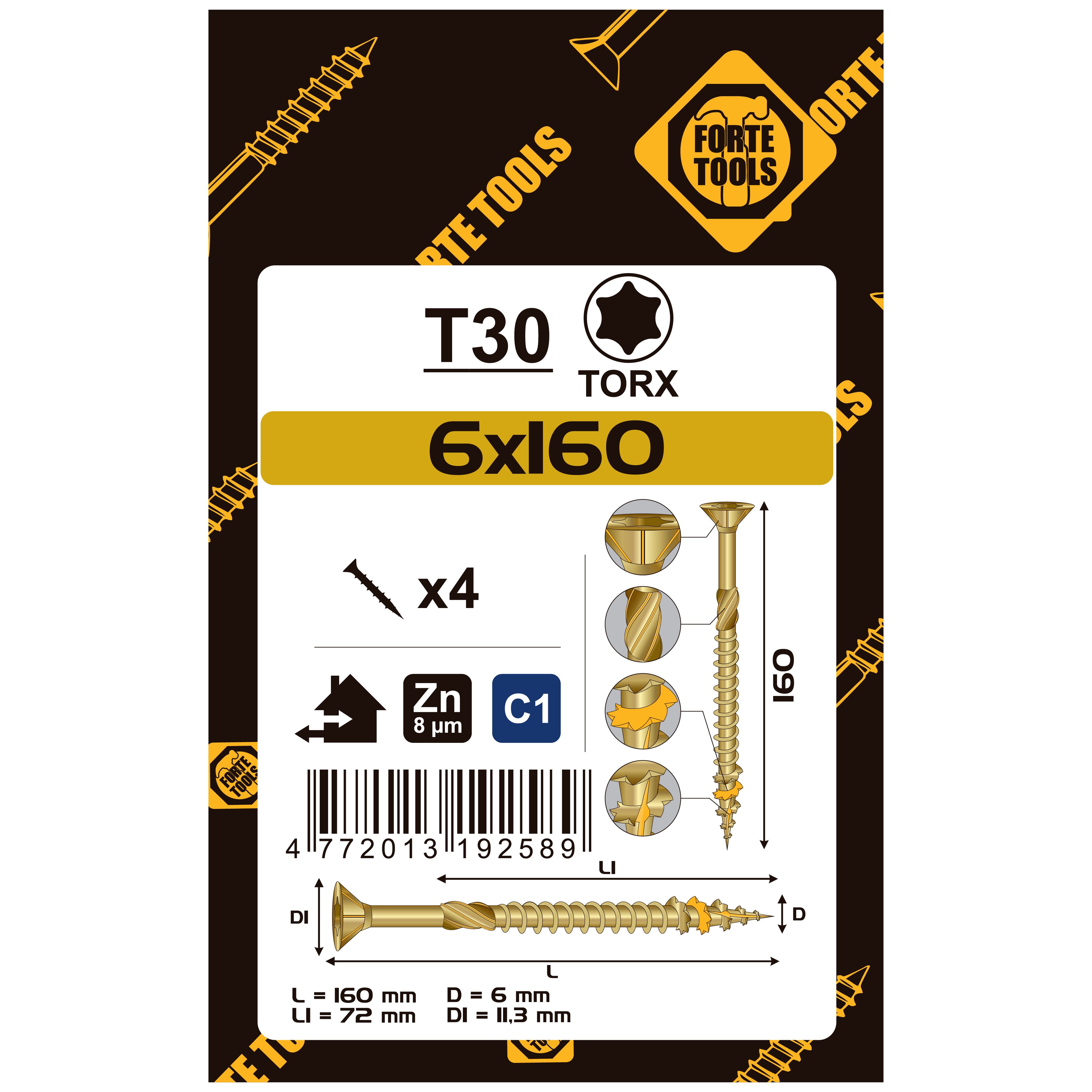 WOOD SCREW SCR T30 6.0X160/72 YELL ZN4