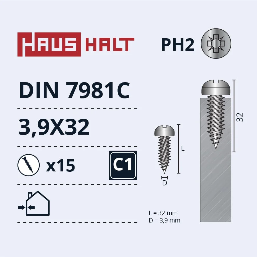 SCREW SELF-TAP.3.9X32 DIN7981C ZN 15PCS BL