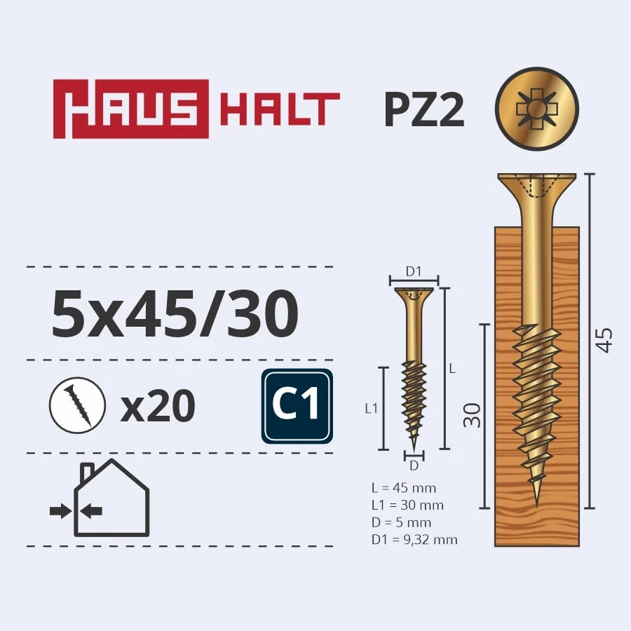 WOOD SCREW 5.0X45/30 Y ZP20PCS G1