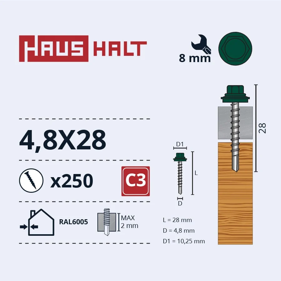 SKRŪVE PAŠGR.4,8X28 KOKAM RAL6005(250)