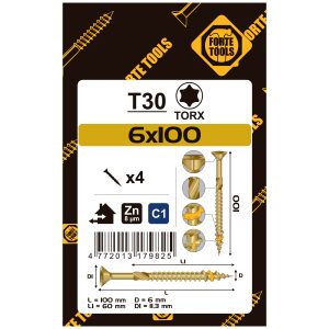 WOOD SCREW SCR T30 6.0X100/60 YELL ZN4