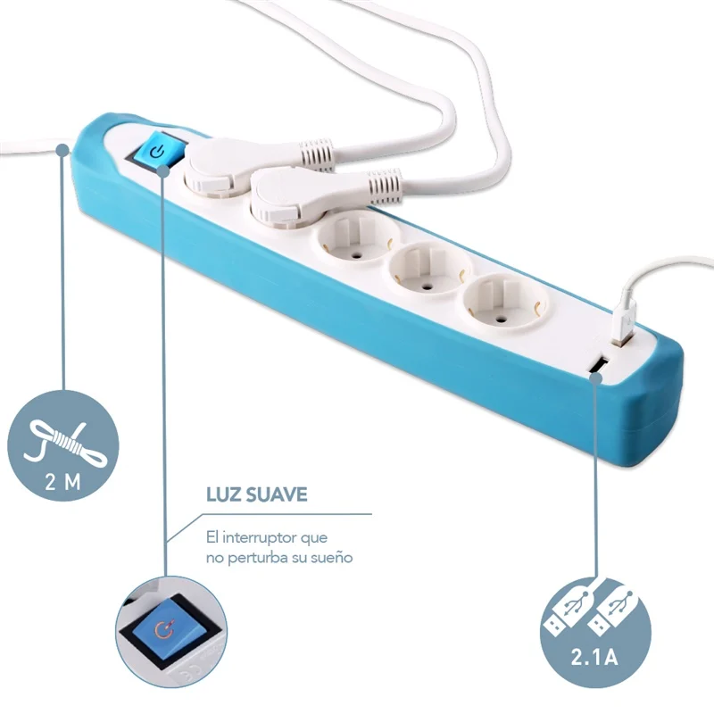 PAGARINĀTĀJS 5P+2USB 2M BALTA/ZILA