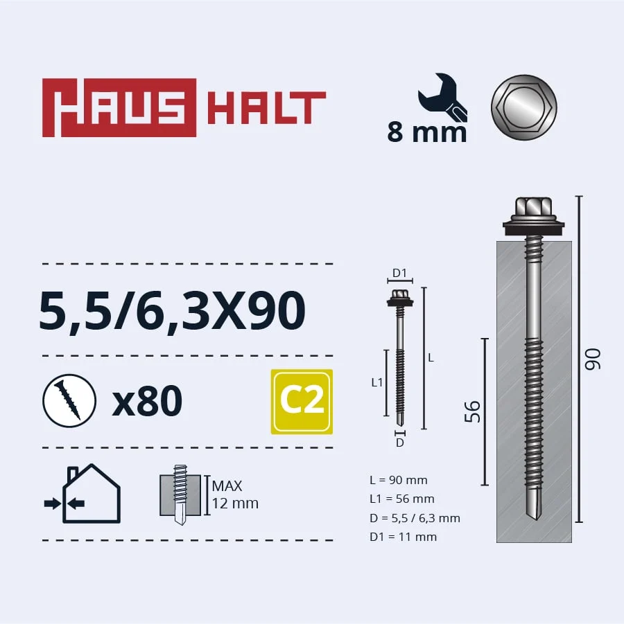SELF-TAPPING SCREW 5.5/6.3X90 MET+EPDM (80)