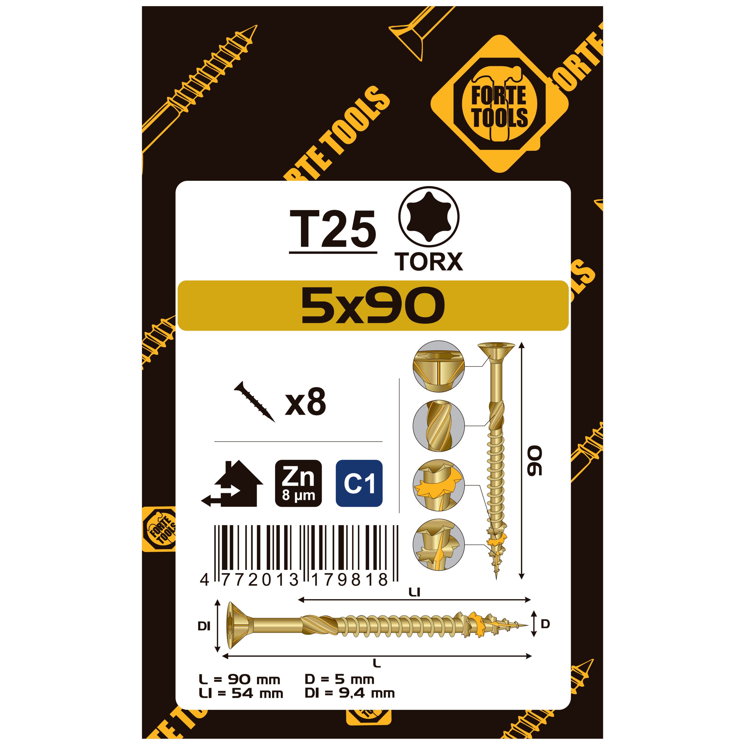 ВИНТ ДЛЯ ДЕРЕВА SCR T25 5.0X90/54 ЖЁЛТЫЙ ZN8