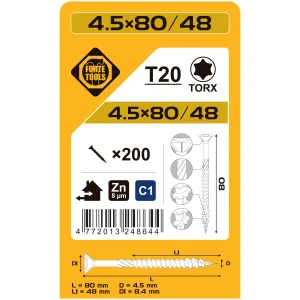 KOKA SKRŪVES 4.5X80/48 MM ZN TX20 200GAB