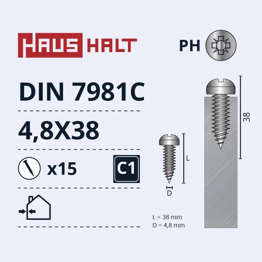 SELF-TAPPING SCREW 4.8X38 DIN7981C ZN 15PCS BL