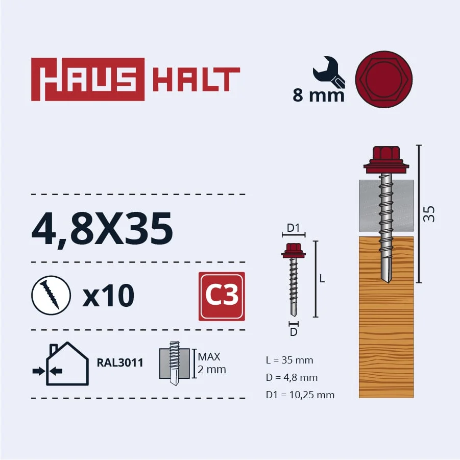 ВИНТ.ТОЧ.4,8X35ДЕРЕВО+EPMD RAL3011 10ШТ БЛ