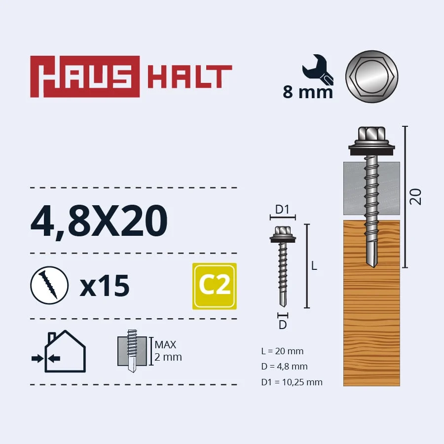 SELF-TAPPING SCREW 4.8X20 WOOD+EPDM ZN 15PCS BL