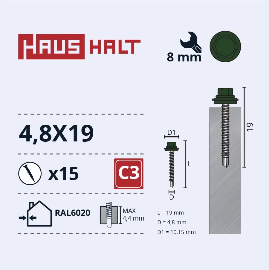 ВИНТ.САМ4,8X19 МЕТ+EPDM RAL6020 15GB BL