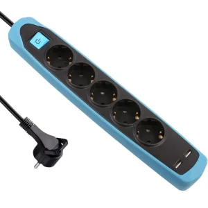 PAGARINĀTĀJS 5P+2USB 2M MELNA/ZILA