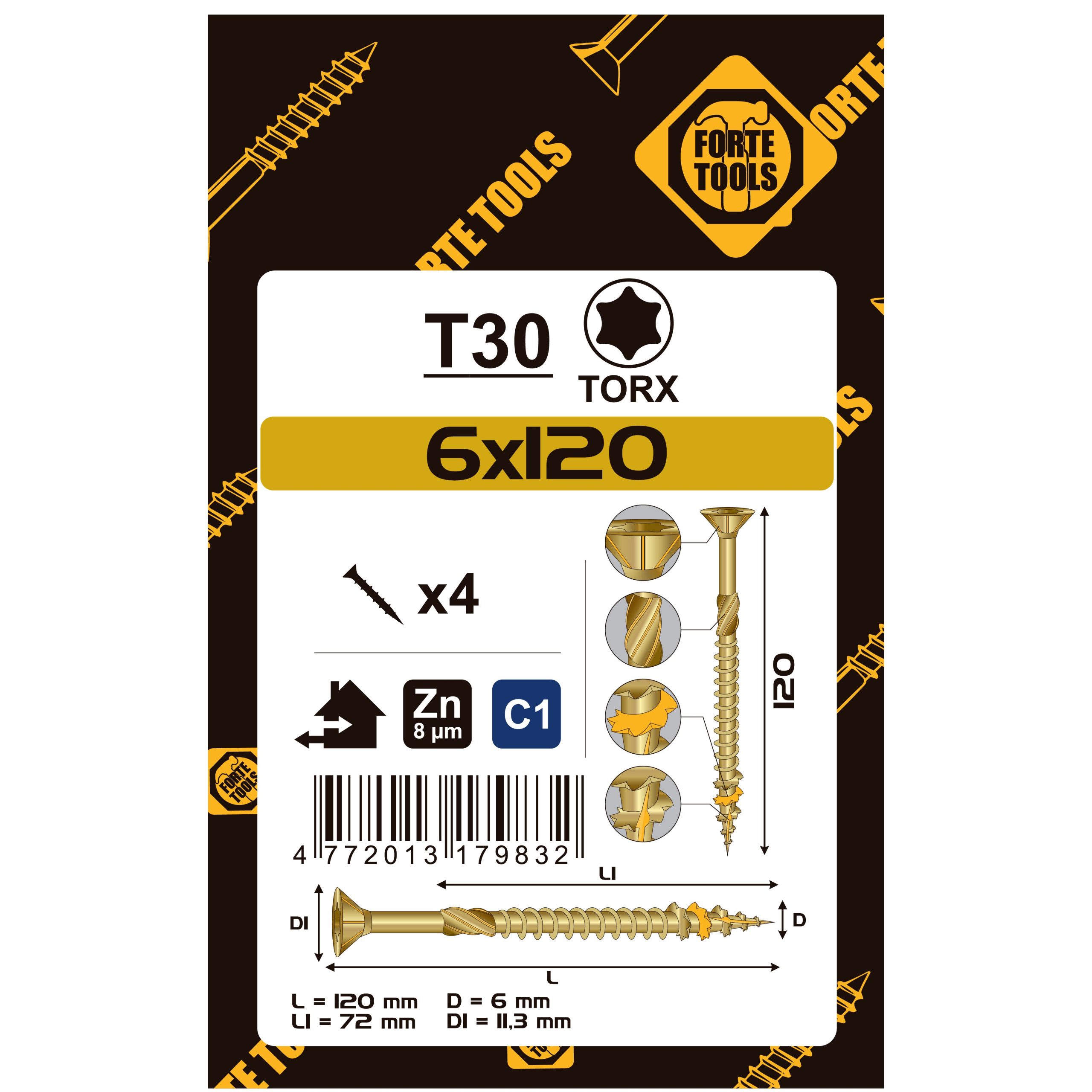 SCREW FOR WOOD SCR T30 6.0X120/72 YELL ZN4