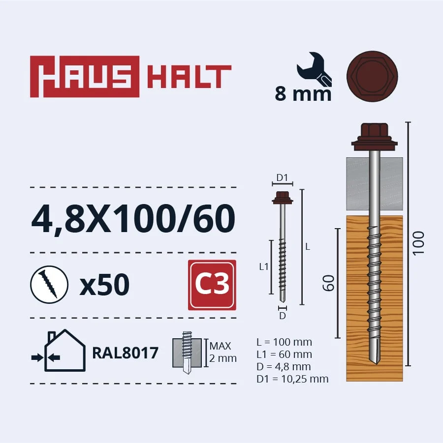 САМОРЕЗ 4,8X100/60 RAL8017(50)