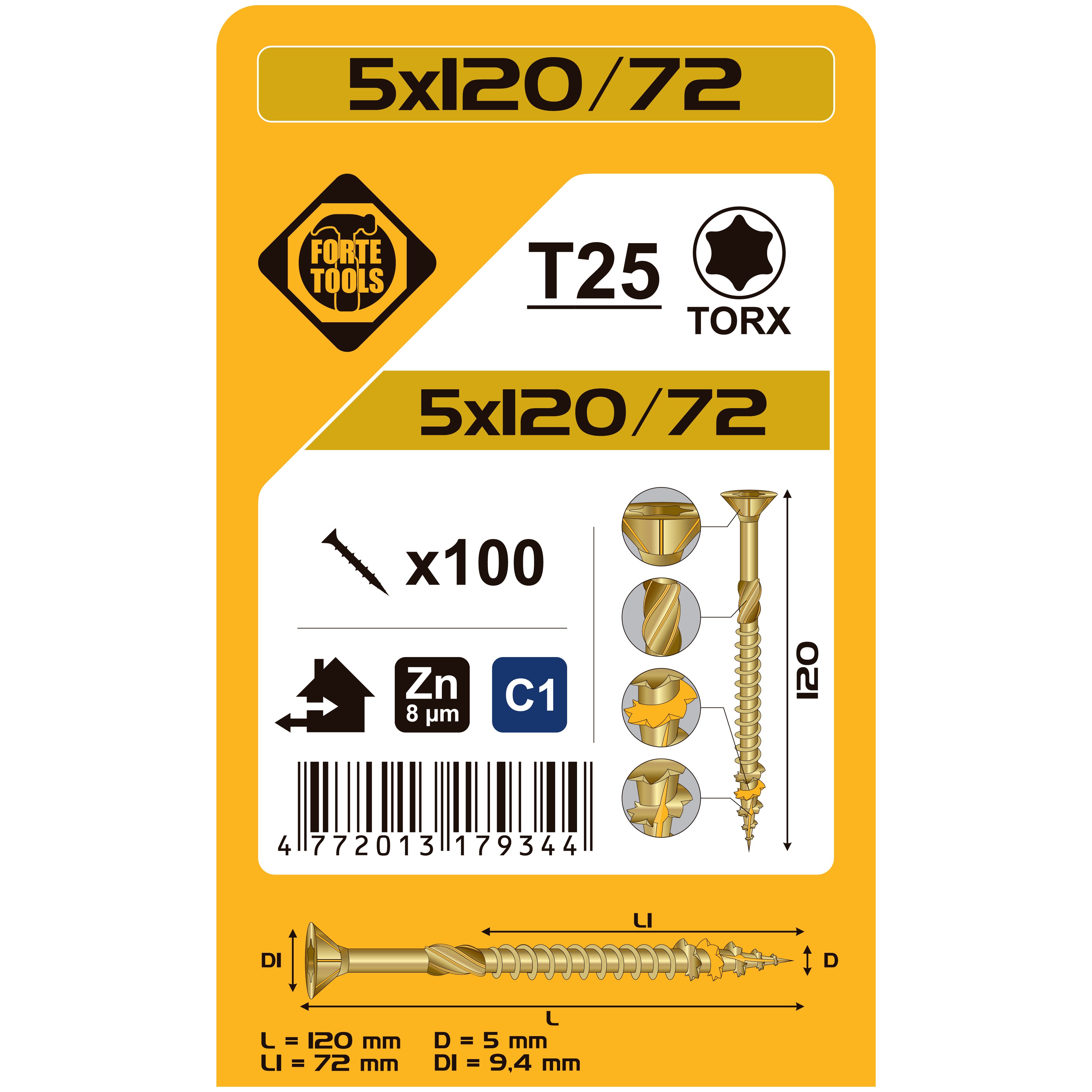 WOOD SCREW T25 5.0X120/72 GALV ZN 100GB