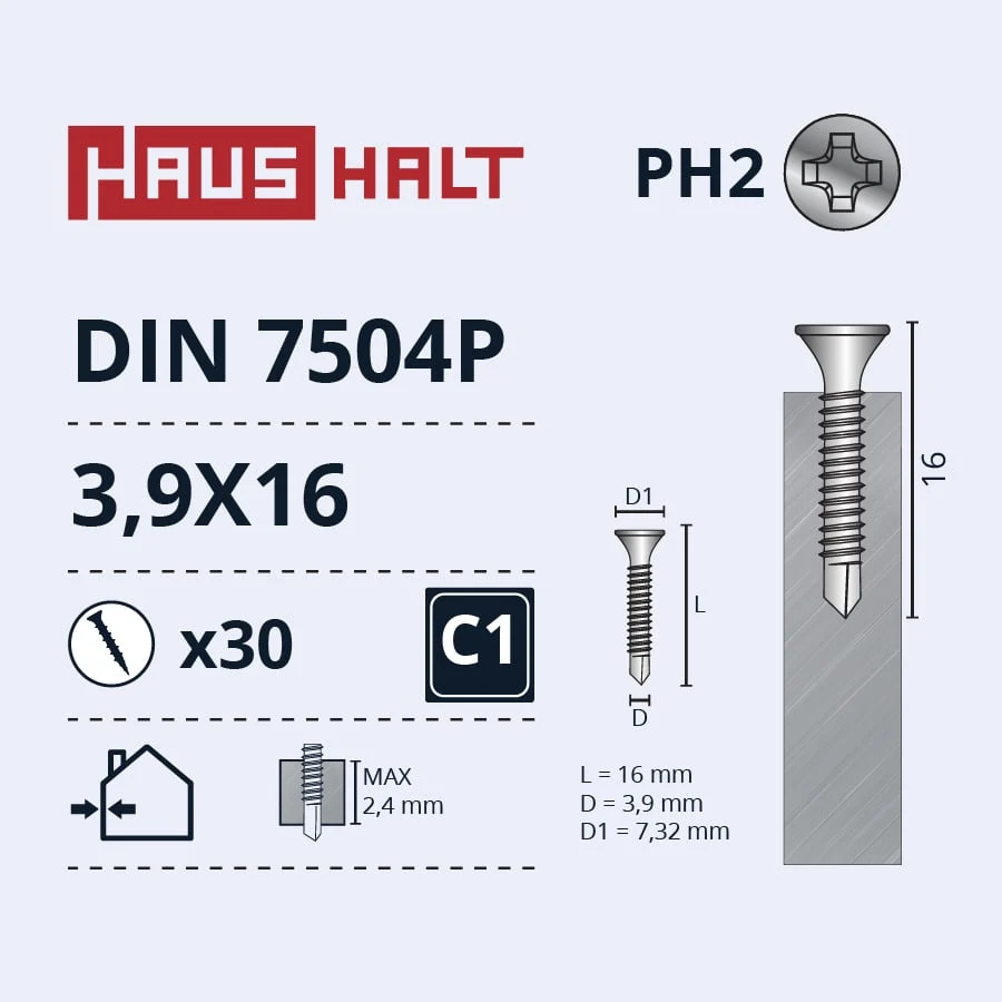 SELF-TAPPING SCREW 3.9X16 DIN7504P ZN 30PCS BL