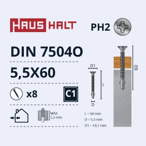 SCREW SELF 5.5X60 DIN7504O WOOD/MET 8PC PACK