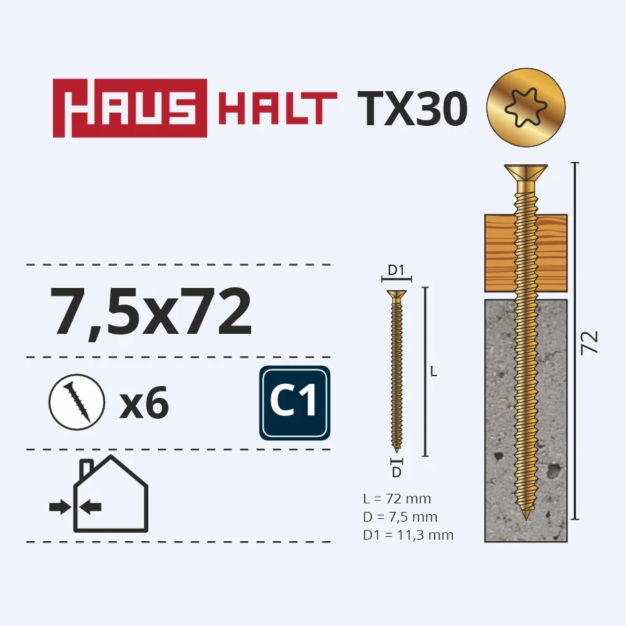 SCREW FOR CONCRETE 7.5X72MM 6PCS