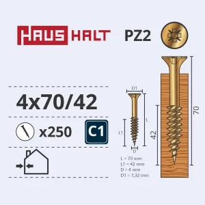 WOOD SCREW 4.0X70/42 YELLOW ZN (250)