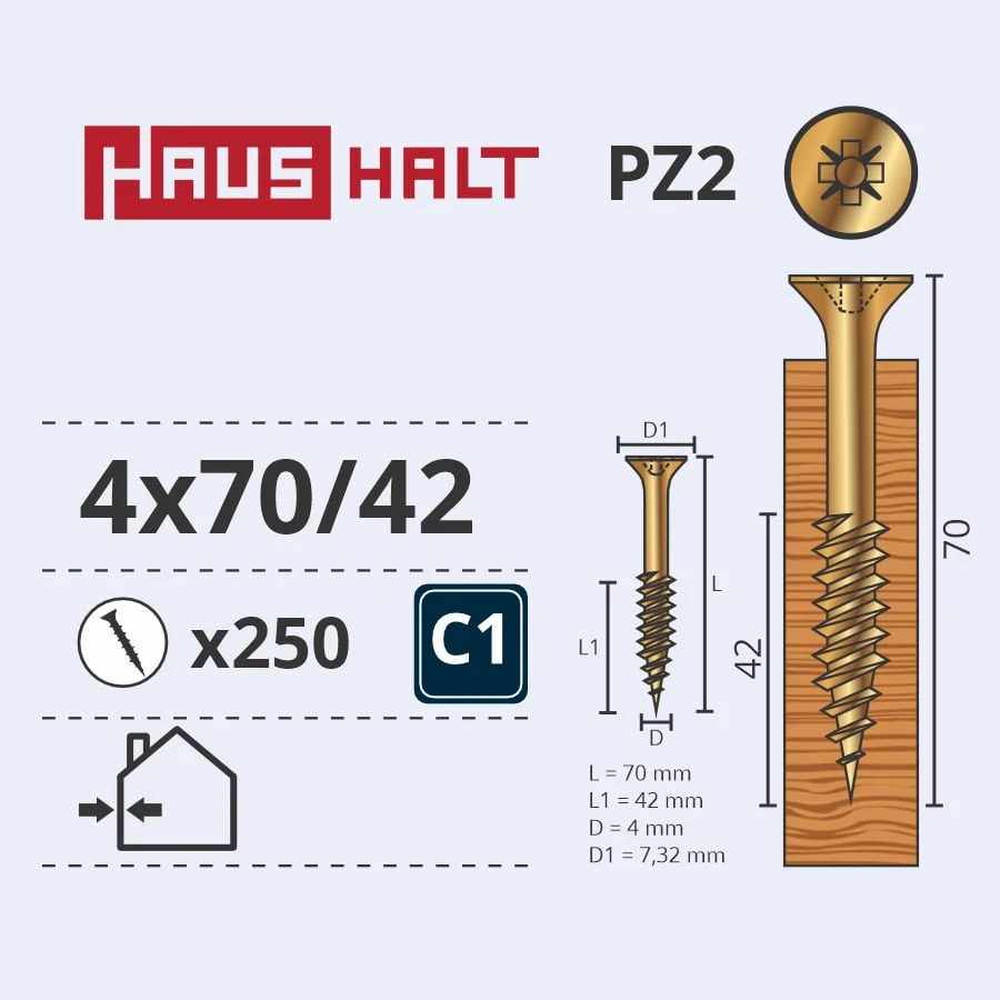 WOOD SCREW 4.0X70/42 YELLOW ZN (250)